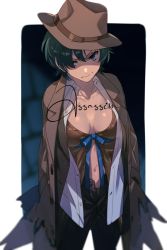 Rule 34 | 1girl, babydoll, black pants, blue eyes, breasts, brown coat, brown hat, cleavage, coat, collarbone, collared shirt, dress shirt, echo (circa), fate/grand order, fate (series), green hair, hat, large breasts, long sleeves, looking at viewer, navel, open clothes, open coat, open shirt, pants, riyo servant (babydoll) (fate), shirt, short hair, solo, white shirt