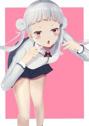 Rule 34 | 1girl, :o, arashi chisato, artist name, artist request, bare legs, black skirt, blush, bow, bowtie, breasts, buttons, cardigan, collared shirt, double bun, female focus, floating hair, grey cardigan, grey jacket, hair bun, half-closed eyes, highres, jacket, layered skirt, leaning forward, long hair, looking at viewer, love live!, love live! school idol festival, love live! superstar!!, miniskirt, nail, nail polish, parted lips, pink background, pink nails, plaid, plaid skirt, pleated, pleated skirt, red bow, red eyes, school uniform, shirt, skirt, small breasts, smile, solo, standing, twintails, v, wavy hair, white background, white hair, white shirt, yuigaoka music program school uniform