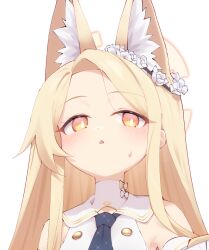 Rule 34 | 1girl, animal ear fluff, animal ears, bare shoulders, blonde hair, blue archive, commentary request, dress, fox ears, halo, long hair, n4gare b0shi, parted lips, portrait, seia (blue archive), simple background, solo, triangle mouth, white background, white dress, yellow eyes, yellow halo