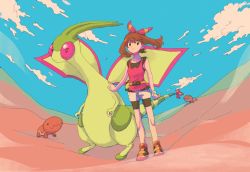 Rule 34 | 1girl, absurdres, bad id, bad pixiv id, bike shorts, bike shorts under shorts, blue sky, brown eyes, brown hair, closed mouth, cloud, collarbone, creatures (company), day, desert, fanny pack, flygon, full body, game freak, gen 3 pokemon, hair between eyes, highres, long hair, may (pokemon), nintendo, pokemon, pokemon (creature), pokemon oras, red shirt, shirt, shoes, shorts, sky, standing, tanbo-san, tank top, trapinch, white shorts