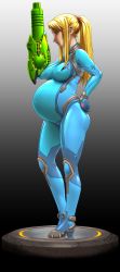 Rule 34 | arm cannon, arm up, blonde hair, blue bodysuit, blue eyes, bodysuit, breasts, celesseshading, covered erect nipples, covered navel, expressionless, from side, gradient background, hand on own hip, high heels, highres, large breasts, long hair, metroid, nintendo, platform, ponytail, pregnant, samus aran, sidelocks, skin tight, solo, standing, weapon, zero suit