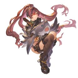 Rule 34 | 1girl, armor, bandaged hand, bandages, belt pouch, black leotard, boots, brown thighhighs, gauntlets, granblue fantasy, leg ribbon, leotard, long hair, looking at viewer, low-tied long hair, meg (granblue fantasy), official art, open mouth, pouch, red eyes, red hair, ribbon, shark, shoulder armor, sitting, strap, thighhighs, transparent background, ursula (granblue fantasy), v, very long hair