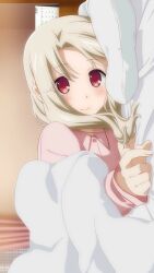 Rule 34 | 1girl, bed sheet, bedroom, blanket, blonde hair, blush, calendar (object), closed mouth, curtains, dot nose, fate/kaleid liner prisma illya, fate (series), game cg, head on pillow, highres, illyasviel von einzbern, indoors, long sleeves, looking at viewer, lying, official art, on side, pajamas, pink pajamas, pink shirt, red eyes, shirt, smile, solo, straight hair, third-party source, under covers