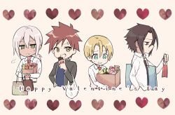 4boys black_jacket black_necktie blush box brown_eyes chocolate collared_shirt cropped_torso dark-skinned_male dark_skin food green_eyes grey_hair grin happy_valentine hayama_akira heart highres holding holding_box holding_chocolate holding_food jacket kurokiba_ryou multiple_boys necktie open_clothes open_jacket profile red_hair shirt shokugeki_no_souma short_hair smile takumi_aldini teeth toy-black white_shirt yukihira_souma