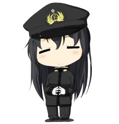 Rule 34 | 10s, 1girl, = =, black hair, blush stickers, chibi, closed eyes, commentary request, female admiral (kancolle), fingers together, gloves, hair between eyes, hat, kantai collection, long hair, military, military hat, military uniform, niwatazumi, smile, solo, steepled fingers, tatebayashi sakurako, translation request, uniform