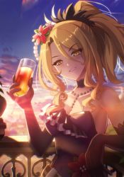 Rule 34 | 1girl, blonde hair, blush, breasts, christina (princess connect!), highres, large breasts, looking at viewer, okg, ponytail, princess connect!, sunset, yellow eyes