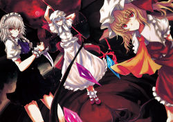 Rule 34 | 3girls, arms behind back, arms up, asagi (kabocha oukoku), ascot, bat (animal), bat wings, black dress, blonde hair, blue ascot, blue hair, bobby socks, braid, brooch, dress, dutch angle, feet out of frame, flandre scarlet, frilled shirt collar, frills, full body, hair between eyes, hat, hat ribbon, highres, holding, holding knife, holding polearm, holding spear, holding weapon, izayoi sakuya, jewelry, knife, laevatein, looking at viewer, maid, maid headdress, mary janes, mob cap, moon, multiple girls, petticoat, polearm, puffy short sleeves, puffy sleeves, red eyes, red footwear, red moon, red ribbon, red skirt, red sky, red vest, remilia scarlet, ribbon, scan, shoes, short dress, short hair, short sleeves, siblings, side ponytail, silver hair, sisters, skirt, sky, smile, socks, spear, spear the gungnir, standing, touhou, twin braids, vest, weapon, white dress, white hat, white legwear, wing collar, wings, wrist cuffs, yellow ascot