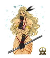 Rule 34 | 1girl, abs, amazon (dragon&#039;s crown), armlet, armor, axe, bikini, bikini armor, blonde hair, boots, breasts, circlet, dairoku tenma, dragon&#039;s crown, feathers, female focus, gloves, green eyes, long hair, muscular, nwa, shy, solo, swimsuit, tattoo, thick thighs, thighs, vanillaware, weapon, white background