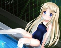 Rule 34 | 1girl, blue eyes, blue one-piece swimsuit, blush, brown hair, hair ornament, hairclip, kud wafter, kudpoid (71139), leg lift, legs, little busters!, long hair, noumi kudryavka, one-piece swimsuit, pool, poolside, school swimsuit, sitting, soaking feet, solo, swimsuit, thighhighs, thighs, white thighhighs