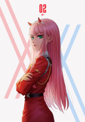 Rule 34 | 10s, 1girl, absurdres, character name, crossed arms, darling in the franxx, from side, green eyes, hairband, highres, horns, jacket, long hair, long sleeves, looking at viewer, military, military uniform, pink hair, red jacket, senho qianbu, solo, standing, uniform, very long hair, white hairband, zero two (darling in the franxx)