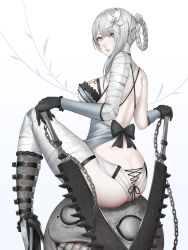 Rule 34 | 1girl, ass, bandaged arm, bandaged leg, bandaged neck, bandages, bare shoulders, bow, bowtie, braid, breasts, butt crack, chain, commentary request, flower, gloves, hair flower, hair ornament, highleg, highres, jagged sword, kaine (nier), kurone rinka, lingerie, lips, looking at viewer, looking back, lunar tear, medium breasts, negligee, nier, nier (series), pale skin, parted lips, silver hair, simple background, sitting, solo, sword, thighs, underwear, weapon, yellow eyes