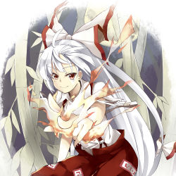 Rule 34 | 1girl, bamboo, bamboo forest, bow, deetamu, fire, forest, fujiwara no mokou, full moon, hair bow, hair ribbon, long hair, looking at viewer, moon, nature, night, open fly, pants, red eyes, ribbon, shirt, short sleeves, silver hair, sky, smile, solo, suspenders, torn clothes, torn sleeves, touhou, tress ribbon, unzipped, urban legend in limbo, very long hair