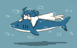 Rule 34 | 1girl, absurdres, ahoge, blue background, blue hair, bubble, closed eyes, creature and personification, double-parted bangs, dress, fins, fish tail, gills, hanging on another, head fins, highres, long hair, original, personification, relaxing, shark, shark fin, shark tail, simple background, sleeping, solo, swimming, tail, tokiwa (914), underwater, white dress