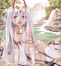 Rule 34 | 1girl, aoi (buzhuen444), armlet, bad id, bad pixiv id, breasts, cameltoe, cleft of venus, day, detached sleeves, earrings, hair between eyes, highres, hoop earrings, horns, jewelry, long hair, looking at viewer, necklace, nipples, oni, oni horns, open mouth, original, outdoors, red eyes, see-through, small breasts, solo, thighhighs, usekh collar, very long hair, water, waterfall, wet, wet clothes, white hair, white thighhighs