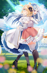 Rule 34 | 2girls, ahoge, anisphia wynn palettia, black bow, black footwear, black legwear, blonde hair, blue dress, blue sky, blurry, blurry background, blurry foreground, boots, bow, breasts, building, cloud, cloudy sky, commentary request, crying, crying with eyes open, day, depth of field, dress, euphyllia magenta, frilled dress, frilled skirt, frilled sleeves, frills, green eyes, hair between eyes, hair bow, high heels, highres, hug, jacket, kisaragi yuri, knee boots, long hair, long sleeves, medium breasts, multiple girls, official art, open clothes, open jacket, outdoors, pantyhose, pink skirt, purple eyes, shirt, shoes, silver hair, skirt, sky, striped, striped bow, tears, tensei oujo to tensai reijou no mahou kakumei, thighhighs, thighhighs under boots, very long hair, white jacket, white legwear, white shirt