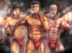 Rule 34 | 3boys, abs, bara, black hair, breath, bulge, buzz cut, chest hair, clenched hand, commission, cowboy shot, dripping, f-una, facial hair, fundoshi, goatee, grin, hachimaki, hand up, headband, highres, japanese clothes, leg hair, male focus, multiple boys, navel, navel hair, nejiri hachimaki, night, nipples, one eye closed, open mouth, original, outdoors, pectorals, pixiv commission, red fundoshi, short hair, side-by-side, sideways glance, smile, snowing, spiked hair, standing, toned, toned male, underwear, underwear only, very short hair, walking, wet