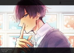 Rule 34 | 1boy, blue sky, cherry blossoms, closed mouth, copyright name, facing to the side, finger to mouth, hanzawa masato, haruzono, looking at viewer, male focus, purple eyes, purple hair, sasaki to miyano, short hair, shushing, sky, smile, solo, window