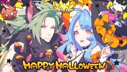 Rule 34 | 1boy, 1girl, bell, blue hair, breasts, claw pose, claws, cleavage, dragalia lost, dragon, dragon boy, dragon girl, dragon horns, gradient hair, green hair, halloween costume, happy halloween, hat, holding, holding wand, horns, long hair, looking at viewer, mercury (dragalia lost), midgardsormr (dragalia lost), multicolored hair, official art, orange eyes, pink hair, smile, wand, wavy hair, witch hat, wolf boy, wolf paws, wrist cuffs