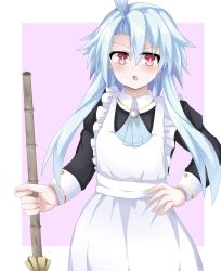 Rule 34 | apron, blanc (neptunia), blue hair, breasts, collar, dress, highres, long hair, maid, matrixjudge, neptune (series), open mouth, purple background, red eyes, ribbon, small breasts, uniform, white heart (neptunia), wirsts