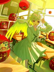 Rule 34 | 1girl, angel, angel wings, chair, chalkboard, classroom, daruma doll, day, desk, dutch angle, feathered wings, feet out of frame, halo, hand up, highres, indoors, kagenoyuhi, long sleeves, looking at viewer, neckerchief, original, pleated skirt, red eyes, sailor collar, sailor shirt, school chair, school desk, school uniform, serafuku, shirt, short hair, skirt, smile, solo, standing, tongue, tongue out, v, wings