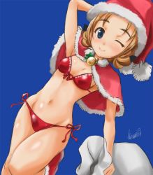 Rule 34 | 10s, 1girl, arm behind head, artist name, bad id, bad twitter id, bag, bell, bikini, black bow, blue background, blue eyes, bow, braid, breasts, capelet, christmas, closed mouth, cowboy shot, dutch angle, front-tie bikini top, front-tie top, girls und panzer, hair bow, haruhata mutsuki, hat, holding, jingle bell, leg up, looking at viewer, one eye closed, orange hair, orange pekoe (girls und panzer), oversized object, red bikini, red hat, santa costume, santa hat, short hair, side-tie bikini bottom, signature, simple background, small breasts, smile, solo, standing, swimsuit, twin braids