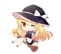 Rule 34 | 1girl, ;d, blonde hair, bow, braid, broom, chibi, cuivre, hair bow, hair ribbon, hat, kirisame marisa, long hair, looking at viewer, one eye closed, open mouth, ribbon, riding, single braid, smile, solo, touhou, v, white background, witch hat, yellow eyes