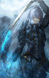 Rule 34 | 1girl, arm up, armor, blue eyes, blue fire, blue hair, breastplate, commentary request, fantasy, faulds, fire, gauntlets, holding, holding sword, holding weapon, katana, kazunari (prawn10231), long hair, looking at viewer, magic, moon, moonlight, original, parted lips, plate armor, ponytail, shoulder armor, solo, sword, vambraces, very long hair, weapon