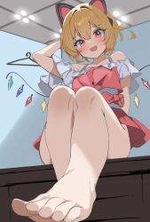 Rule 34 | 1girl, alien adviser, animal ear headphones, animal ears, barefoot, blonde hair, blue archive, blush, bow, cosplay, crystal, fake animal ears, fake wings, feet, flandre scarlet, flandre scarlet (cosplay), foot focus, hair between eyes, hair bow, headphones, highres, momoi (blue archive), open mouth, red bow, red eyes, red skirt, red vest, short hair, skirt, solo, toes, touhou, vest, wings