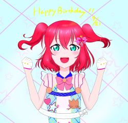 Rule 34 | 1girl, aqua eyes, artist name, artist request, bare shoulders, blush, bow, bowtie, buttons, clenched hands, dress, female focus, frilled dress, frills, gloves, green eyes, hair between eyes, hair ornament, highres, kurosawa ruby, looking at viewer, love live!, love live! school idol festival, love live! sunshine!!, parted lips, pink bow, pink ribbon, red hair, ribbon, shirt, short hair, sinmachi, smile, solo, spade hair ornament, star (symbol), star print, twintails, two side up, white gloves, white shirt
