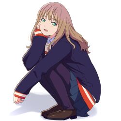 Rule 34 | 1girl, :d, black jacket, black pantyhose, blazer, blush, brown hair, commentary request, full body, green eyes, gridman universe, highres, jacket, loafers, long bangs, long hair, long sleeves, looking at viewer, minami yume, open mouth, pantyhose, pleated skirt, school uniform, shirt, shoes, skirt, smile, solo, squatting, ssss.dynazenon, white background, yaken (11keionnota06)