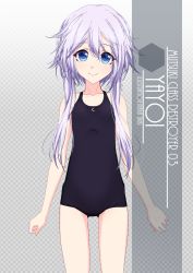 Rule 34 | 1girl, artist name, black one-piece swimsuit, black school swimsuit, blue eyes, character name, checkered background, commentary request, cowboy shot, crescent, eyes visible through hair, flat chest, gradient background, hair between eyes, hair ornament, highres, inaba shiki, kantai collection, logo, looking at viewer, new school swimsuit, one-hour drawing challenge, one-piece swimsuit, purple hair, school swimsuit, short hair, short hair with long locks, simple background, smile, solo, swimsuit, yayoi (kancolle)