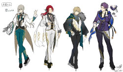 Rule 34 | 4boys, aqua cape, aqua eyes, aqua pants, asymmetrical sleeves, bedivere (fate), black choker, black footwear, black gloves, black pants, black ribbon, black shirt, black vest, blonde hair, blue eyes, blue pants, blue scarf, boutonniere, cape, center frills, chain, character sheet, choker, closed eyes, coat, crossed legs, fate/grand order, fate (series), feather-trimmed cape, feather hair ornament, feather trim, feathers, figure skating, floral print, flower, frilled sleeves, frills, full body, fur-trimmed sleeves, fur trim, gawain (fate), gloves, grey hair, hair between eyes, hair ornament, hair tubes, half gloves, hand on own hip, hand on own neck, hand up, highres, ice skates, jacket, knights of the round table (fate), lancelot (fate/grand order), lily (flower), long hair, long sleeves, looking at viewer, low ponytail, low twintails, male focus, matori (penguin batake), multiple boys, neck ribbon, pants, parody, parted bangs, plunging neckline, prosthesis, prosthetic arm, puffy long sleeves, puffy sleeves, purple eyes, purple hair, purple jacket, red hair, ribbon, scarf, see-through, see-through cape, shirt, short hair, signature, simple background, skates, sleeves rolled up, smile, standing, swept bangs, tailcoat, tristan (fate), twintails, two-tone vest, vest, watson cross, white background, white cape, white coat, white gloves, white jacket, white pants, white shirt, white vest, yuri!!! on ice