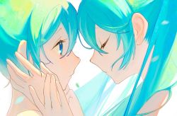 Rule 34 | 2girls, bare shoulders, blue eyes, blue hair, closed eyes, closed mouth, from side, hair between eyes, hair over shoulder, hatsune miku, highres, long hair, looking at another, multiple girls, portrait, sen ogi (qiandi0831), vocaloid