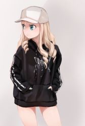 Rule 34 | 1girl, absurdres, aomushi (mushamusha), baseball cap, black shirt, blonde hair, casual, closed mouth, commentary, cowboy shot, double vertical stripe, drawstring, drill hair, girls und panzer, green eyes, green nails, grey background, hands in pockets, hat, highres, hood, hoodie, light frown, lips, long hair, long sleeves, looking to the side, marie (girls und panzer), nail polish, print shirt, shirt, solo, standing, white hat