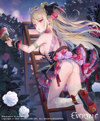 Rule 34 | 1girl, absurdres, alice (evertale), ankle strap, armlet, artist name, ass, azu-taro, blonde hair, breasts, company name, copyright name, copyright notice, dress, evertale, flower, highres, holding, holding paintbrush, ladder, long hair, looking at viewer, looking back, medium breasts, official art, on ladder, outdoors, paintbrush, panties, pantyshot, parted lips, red eyes, rose, shoes, short dress, socks, solo, trim brush, underwear, white flower, white panties, white rose, white socks