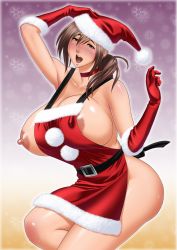 Rule 34 | 1girl, apron, areola slip, breasts, brown eyes, brown hair, christmas, covered erect nipples, curvy, elbow gloves, fur trim, gigantic breasts, gloves, hat, hip focus, housewife, huge breasts, legs, mature female, naked apron, nipples, ponytail, red gloves, santa costume, santa hat, solo, tatsunami youtoku, thighs, wide hips