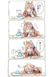 Rule 34 | !, 1girl, 4koma, = =, ahoge, animal, animal ear fluff, animal ears, bird, blue flower, bluebird, blush, brown eyes, capelet, chair, closed eyes, closed mouth, comic, commentary request, fang, flower, hair between eyes, hair flower, hair ornament, hair ribbon, hood, hood down, hooded capelet, long hair, long sleeves, open mouth, original, parted lips, petting, pillow, pink flower, pink hair, red capelet, red ribbon, ribbon, shirt, sitting, sleeping, sleepy, smile, table, translation request, v-shaped eyebrows, wataame27, white shirt, wolf-chan (wataame27), wolf ears