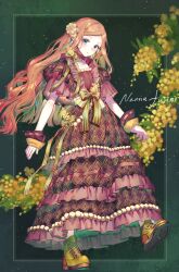 Rule 34 | 1girl, 778-go, ankle boots, artist name, blue eyes, blunt ends, boots, border, bow, braid, braided bangs, choker, closed mouth, dress, dress flower, expressionless, floral background, flower, flower choker, frilled dress, frills, full body, green background, green border, hair flower, hair ornament, highres, layered dress, long dress, long hair, looking at viewer, mimosa (flower), orange hair, original, outside border, patterned clothing, pink dress, purple dress, ribbon choker, short sleeves, solo, standing, standing on one leg, striped, striped bow, swept bangs, two-tone dress, waist bow, wavy hair, wrist cuffs, yellow bow, yellow choker, yellow flower, yellow footwear