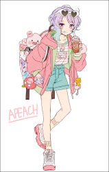 Rule 34 | 1girl, bag, blue hair, blue shorts, blush stickers, bubble tea, cup, disposable cup, drinking straw, full body, gradient hair, grin, hakusai (tiahszld), hand in pocket, holding, holding cup, hood, hood down, hooded jacket, jacket, long sleeves, looking at viewer, multicolored hair, open clothes, open jacket, original, pink jacket, purple eyes, purple hair, shirt, shoes, short shorts, shorts, smile, sneakers, socks, solo, standing, standing on one leg, striped clothes, striped shirt, white background, white footwear, white shirt, yellow socks