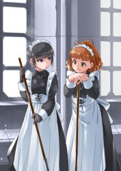 Rule 34 | 2girls, alternate costume, apron, ascot, black ascot, black dress, black gloves, black hair, blunt bangs, broom, brown eyes, brown hair, center-flap bangs, cleaning, closed mouth, criss-cross strings, curly hair, day, dot nose, dress, eyelashes, feet out of frame, gloves, hands up, headdress, highres, holding, holding broom, idolmaster, idolmaster cinderella girls, indoors, juliet sleeves, light rays, long dress, long sleeves, looking at another, looking down, looking to the side, maid, maid apron, maid headdress, multiple girls, ohnishi yuriko, open mouth, pillar, puffy sleeves, purple eyes, shirayuki chiyo, sidelocks, sleeve cuffs, split mouth, standing, straight hair, tile floor, tiles, white apron, white headdress, window, yuuichi (reductionblack)