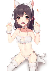 Rule 34 | 1girl, akagi kurage, animal ears, bare shoulders, bell, blush, bra, breasts, brown eyes, brown hair, cat cutout, cat ear panties, cat ears, cat girl, cat lingerie, cat tail, choker, cleavage cutout, clothing cutout, collarbone, fake animal ears, fang, fingernails, frilled bra, frills, fur-trimmed legwear, fur trim, hair ribbon, heart, highres, jingle bell, long hair, looking at viewer, meme attire, navel, neck bell, no shoes, open mouth, original, panties, red ribbon, ribbon, side-tie panties, small breasts, solo, tail, thighhighs, underwear, underwear only, white background, white bra, white choker, white panties, white thighhighs