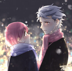 Rule 34 | 1boy, 1girl, artist name, black coat, blurry, blurry background, blush, bob cut, bokeh, coat, couple, dated, depth of field, grey hair, hetero, highres, krudears, looking at another, parted lips, pink hair, pink scarf, protagonist (tokimemo gs3), purple eyes, purple scarf, red eyes, scarf, shitara seiji, short hair, tokimeki memorial, tokimeki memorial girl&#039;s side 3rd story, twitter username, upper body