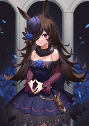 Rule 34 | 1girl, absurdres, animal ears, bare shoulders, black dress, black hair, black hat, blue flower, blue rose, breasts, closed mouth, commentary request, dagger, dress, duan zhu, flower, hair over one eye, hat, hat flower, highres, horse ears, knife, long hair, long sleeves, looking at viewer, off-shoulder dress, off shoulder, pillar, purple eyes, rice shower (umamusume), rose, sleeves past wrists, small breasts, smile, solo, steepled fingers, tilted headwear, umamusume, very long hair, weapon