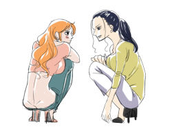 Rule 34 | 2girls, ass, bare shoulders, breasts, brown eyes, butt crack, denim, dimples of venus, jeans, large breasts, long hair, multiple girls, nami (one piece), navel, nico robin, one piece, orange hair, pants, smile, squatting, staff