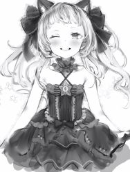 Rule 34 | 1girl, absurdres, animal ear fluff, animal ears, bad id, bad pixiv id, bare shoulders, blunt bangs, blush, bow, cat ears, criss-cross halter, dress, flat chest, gothic lolita, greyscale, grin, hair bow, halterneck, highres, hololive, lolita fashion, long hair, looking at viewer, monochrome, murasaki shion, murasaki shion (gothic lolita), nanashi (nlo), official alternate costume, one eye closed, simple background, smile, solo, star (symbol), upper body, virtual youtuber, white background