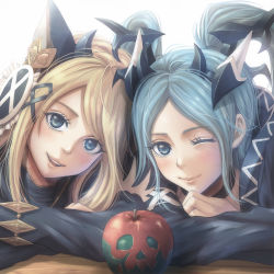 Rule 34 | 2girls, apple, blonde hair, blue eyes, blue hair, blush, closed mouth, food, fruit, hair ornament, hairclip, head tilt, heads together, highres, horns, idunn &amp; idunna, lips, long hair, looking at viewer, multiple girls, one eye closed, parted lips, ponytail, puzzle &amp; dragons, shoichi (ekakijin), side-by-side, simple background, skull, smile, twintails, white background