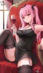 Rule 34 | 1girl, absurdres, alcohol, armchair, black choker, black garter straps, black nightgown, black panties, black scrunchie, black thighhighs, blunt bangs, breasts, chair, choker, commentary, cup, curtains, dated, drinking glass, garter straps, hair ornament, hair scrunchie, highres, holding, holding cup, hololive, hololive english, knee up, large breasts, like and retweet, long hair, meme, mori calliope, mori calliope (sleepwear), nightgown, official alternate costume, on chair, panties, parted lips, pendant choker, pink eyes, pink hair, ponytail, scrunchie, see-through, side ponytail, sidelocks, signature, sitting, skull, sleepwear, solo, symbol-only commentary, thighhighs, thighs, tiara, twintails, twitter strip game (meme), underwear, virtual youtuber, window, wine, wine glass, zeng$ (zwj)