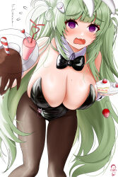 Rule 34 | 1girl, @ @, animal ears, antenna hair, black bow, black bowtie, black leotard, blush, bow, bowtie, breasts, brown pantyhose, davysenpai, detached collar, failure, fake animal ears, goddess of victory: nikke, green hair, heart antenna hair, highleg, highleg leotard, holding, large breasts, leaning forward, leotard, long hair, mole, mole on breast, open mouth, pantyhose, pink eyes, playboy bunny, rabbit ears, soda (nikke), soda (twinkling bunny) (nikke), solo, spilling, strapless, strapless leotard, tearing up, twintails, wavy mouth, wrist cuffs