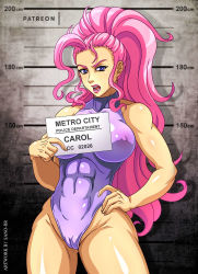 Rule 34 | 1girl, capcom, captain commando, carol (captain commando), character name, cleft of venus, highres, lipstick, makeup, muscle, muscular, muscular female, one-piece swimsuit, open mouth, pink hair, purple eyes, sano br, swimsuit, wavy hair, wide hips