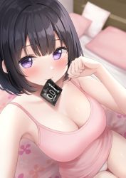 Rule 34 | 1girl, armpits, bare arms, bare shoulders, bed, black hair, blurry, breasts, camisole, cleavage, clenched hand, condom, condom wrapper, depth of field, hand up, inoue yurina, karutamo, large breasts, looking at viewer, mouth hold, no pants, on bed, original, panties, pillow, pink shirt, purple eyes, selfie, shirt, short hair, sidelocks, sitting, sleeveless, sleeveless shirt, solo, spaghetti strap, thighs, underwear, white panties